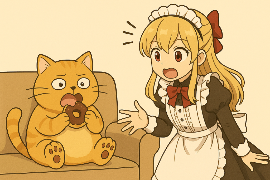 それが最後のドーナッツと指摘するクリスと、驚くなぐさ（デブ猫）