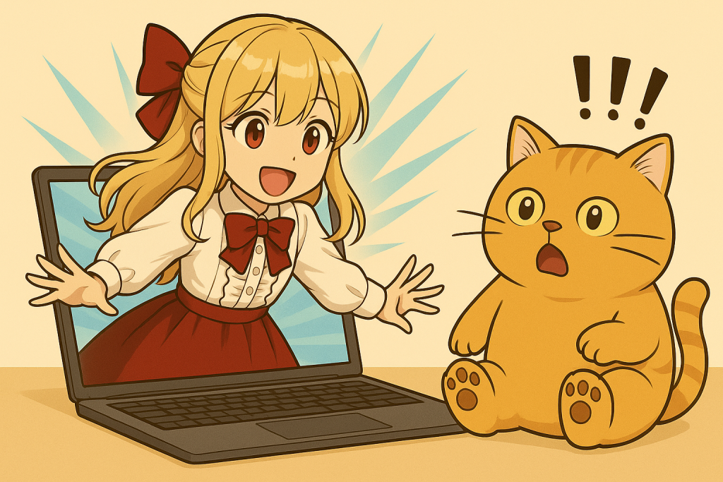 PCから飛び出すクリスと驚くなぐさ（デブ猫）